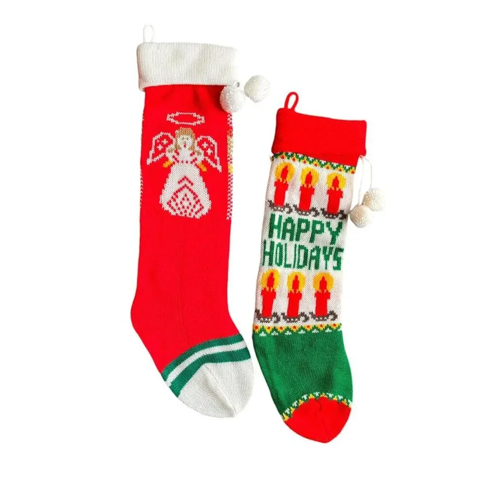 Vintage Knit Christmas Holiday Stockings Angel Candlestick Grannycore Retro Red